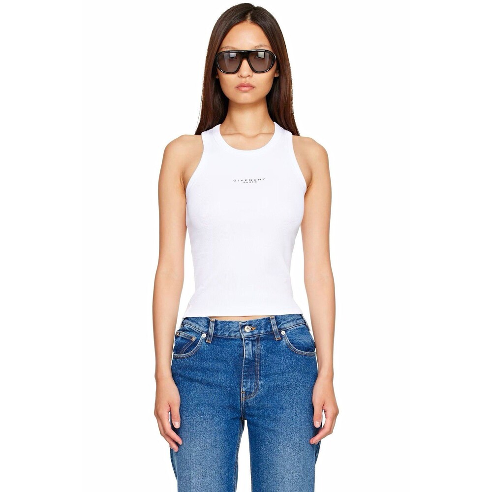 Givenchy Womens White Cotton Ribbed Knit Logo Round Neck Racerback Tank Top M